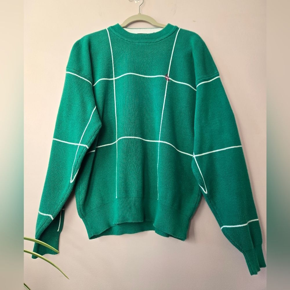 Vintage 90s Nautica Windowpane Grid Cotton Knit Sweater - Green - Size Large